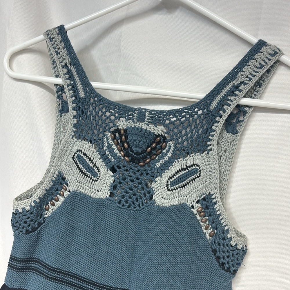 FREE PEOPLE Shades of Blue Crochet Hand Beaded Knit
Mini  skater Dress xs - Picture 7 of 12